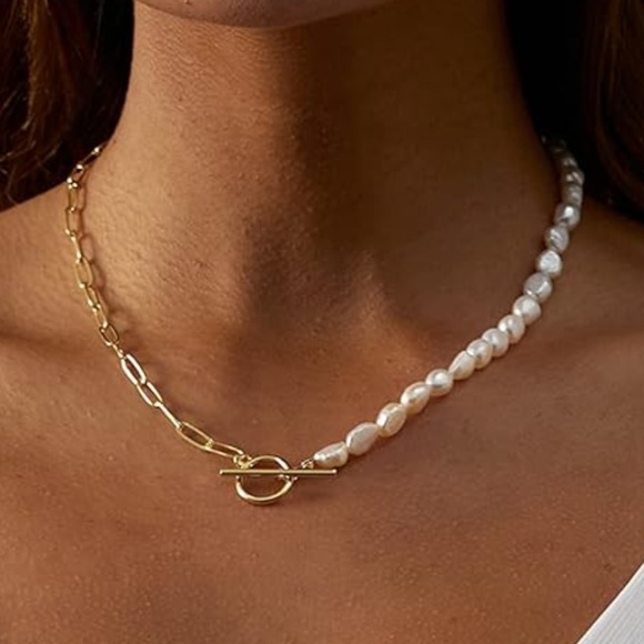 Mejuri Jewelry - 18k Gold plated link half pearl necklace with toggle clasp 🤍✨